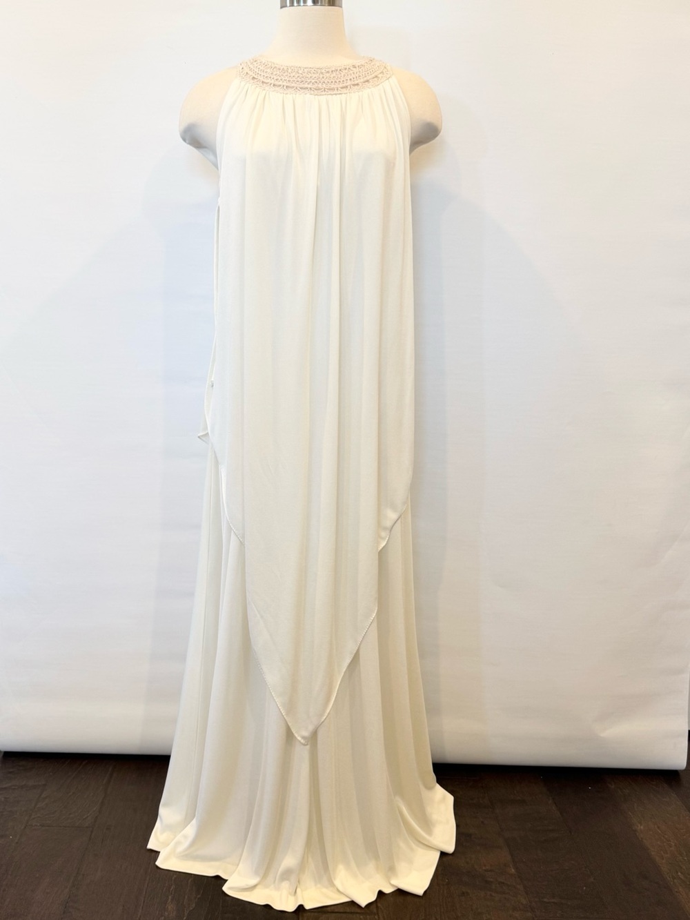 Joseph Magnin Silky Satin Ivory Vintage Goddess Maxi Gown Halter Kaftan Dress - Picture 6 of 15